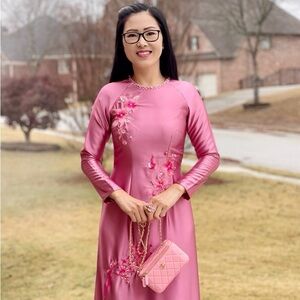 Ao dai Valentino, Vietnamese traditional long dress set pink 2 m 🎁 Christmas